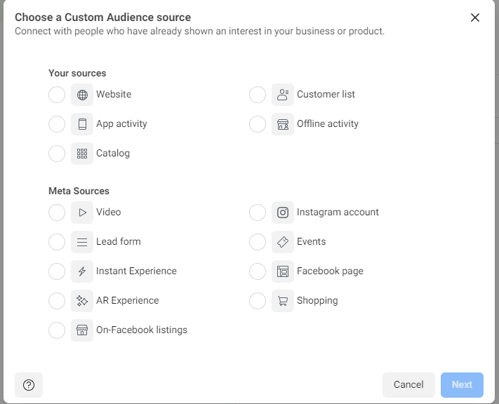 Facebook Ads Custom Audience Sources