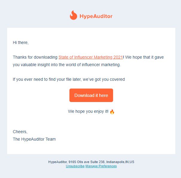 Sample Welcome Email from HypeAuditor