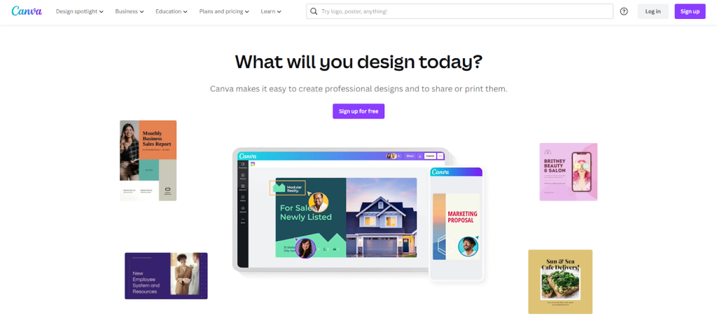 Home Page of Canva, a design tool with easy-to-use templates for instagram marketing.