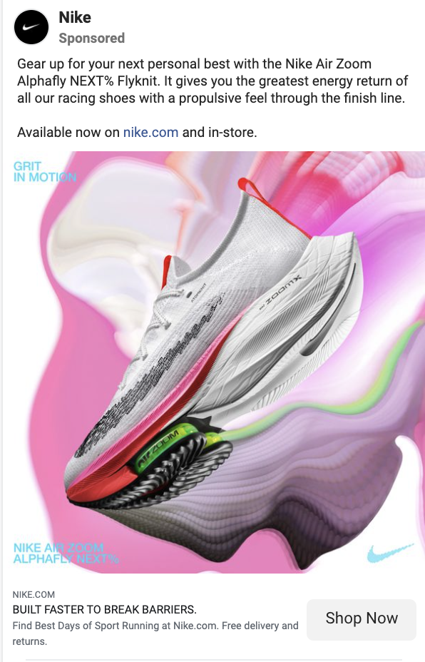Example of a Facebook ad copy by Nike using personalized messaging.
